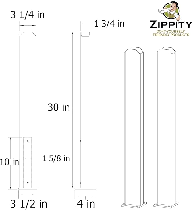 30in H x 4in L x 3.25in W (2 Posts) Surface Mount Posts for Zippity Vinyl Fence or Outdoor Shower Kit, Surface Mount Fence Panels, Picket Fence, or Outdoor Shower Enclosure to a Solid Surface, ZP19011