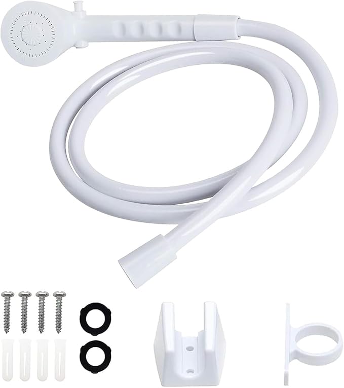 RV Shower Replacement Shower Head with Hose & Guide Ring & Shower Holder Non-Metallic Hand-Held Shower Set White/Black (White Showers)
