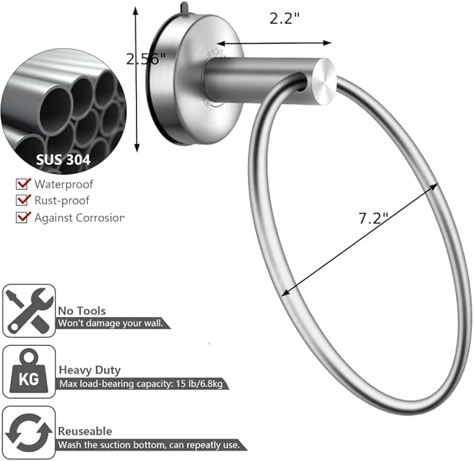 DGYB Suction Cup Hand Towel Ring Brushed Nickel Hand Towel Holder for Bathroom Wall SUS 304 Stainless Steel Kitchen Towel Hanger