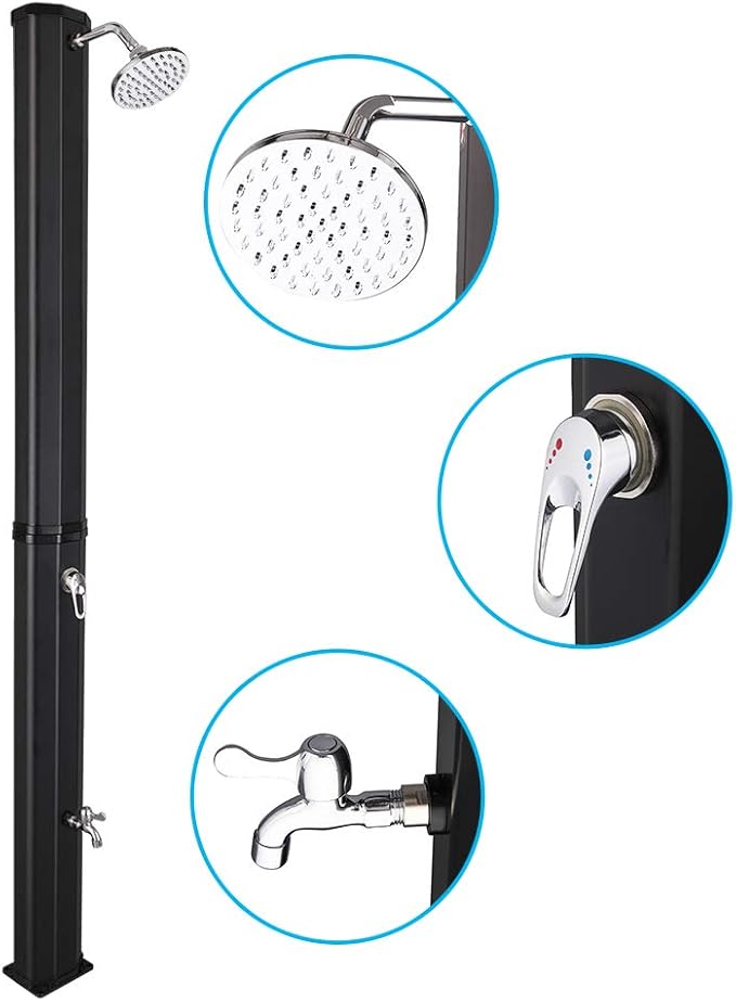 VINGLI Solar Heated Shower, 9.3 Gallon Outdoor Shower with Shower Head and Foot Shower Tap，for Outdoor Backyard Poolside Beach Pool Spa,Black (9.3 Gallon)