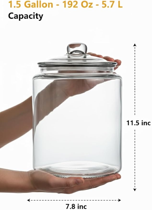 1.5 Gallon Glass Jar With Lid - Extra Gasket - Glass Cookie Jar - Glass Storage Container, Clear Canisters with Airtight Lids, Flour, Pet Treats, Kitchen Food Storage, for Pantry or Laundry