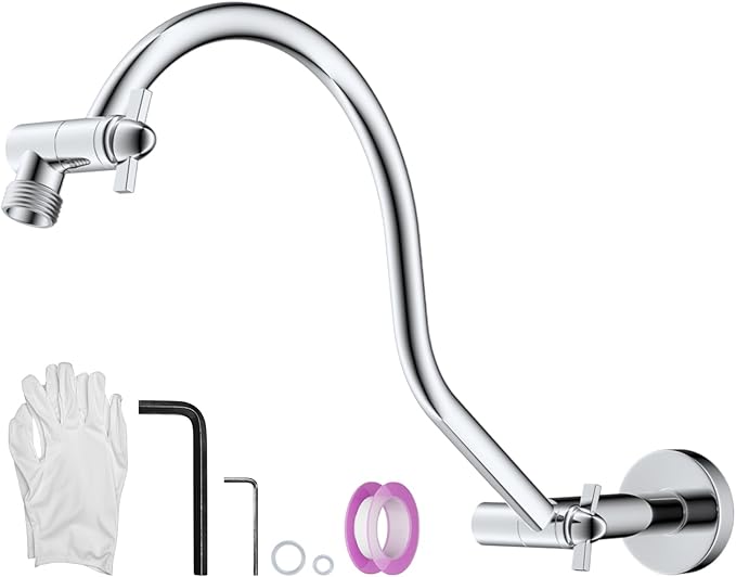 Hibbent All Metal Upgraded 18'' Shower Head Extension Arm with Flange, Solid Brass Flexible Height & Angle Adjustable Shower Arm Extender with Lock Joint, Universal Connection, Chrome
