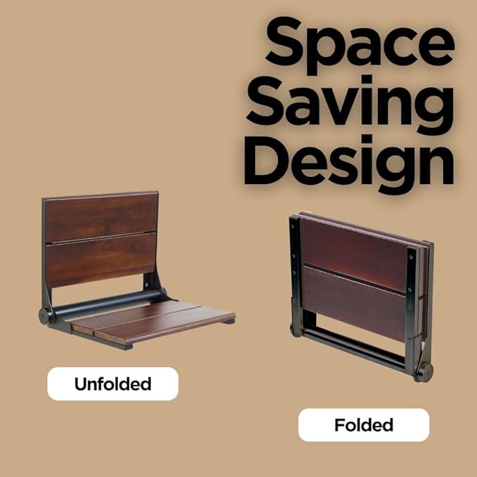 Folding Shower Seat Wall Mounted with Back | 500 lbs Maximum Load Capacity | ADA Compliant Safety Assist Teak Shower Seat for Seniors, Handicapped, and Children | 304 Stainless Steel Frame | 18” x 16”