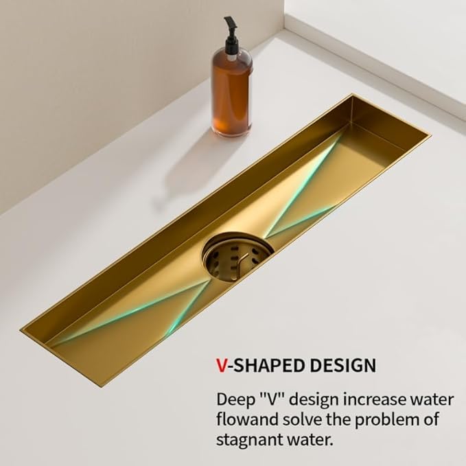 Linear Shower Drain, 304 Stainless Steel with Adjustable Leveling Feet, Hair Strainer,Reversely Install Place to Create an Invisible Floor Drain - Gold -24-Inch