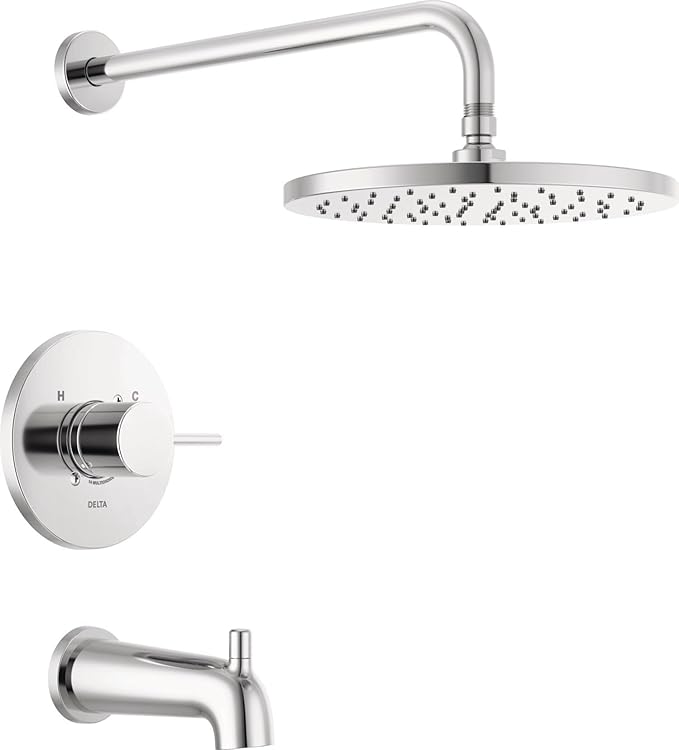 Delta Modern 14 Series Round Rain Bathtub and Shower Faucet Set, Rainfall Chrome Shower Head and Handle Set, Valve Trim Kit, 10 Inch, Chrome T14469-PP (Valve Not Included)