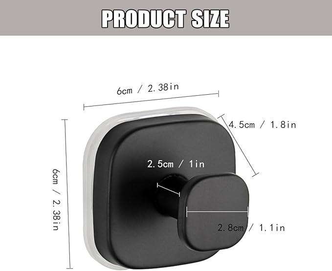 2Pcs Square Suction Cup Hook, 304 Stainless Steel Shower Hook, Removable Suction Cup Knob for Shower, Bathroom, Kitchen, Glass Door, Mirror (Black)