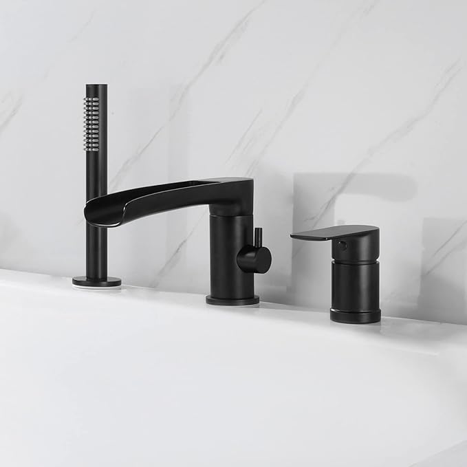 TapLong Waterfall Roman Tub Faucet with Hand Shower, Widespread Deck Mount Bathtub Faucet with Sprayer, Single-Handle 3-Holes Bathtub Shower Faucet Set in Matte Black, 03119B