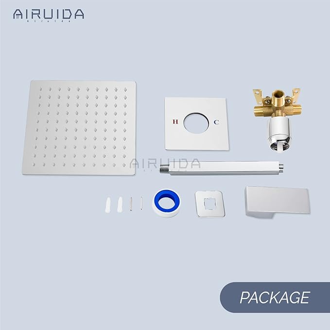 Airuida Shower Faucet Set and Handle Set Single Function Shower Trim Kit Ceiling Mount Rainfall Shower System with Male Threads and Rough-in Valve 10 Inch Square Shower Head Chrome Polish