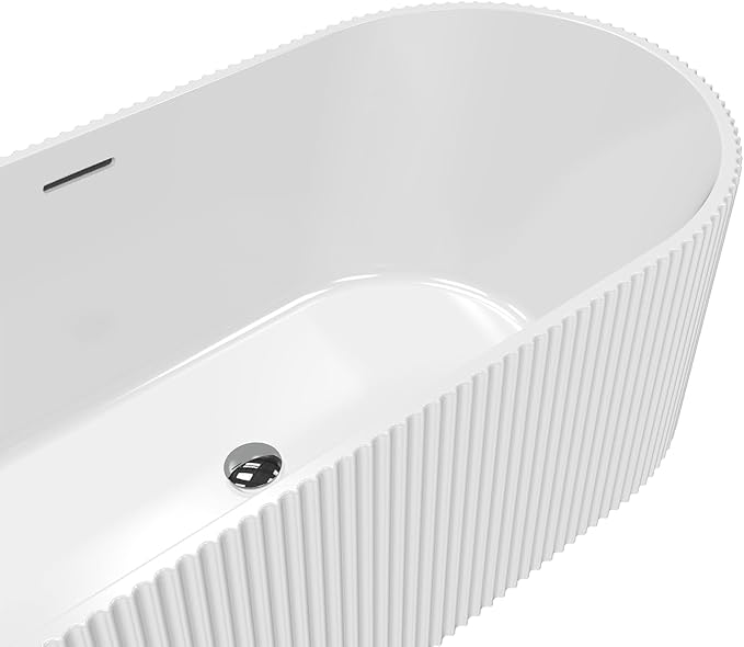 67" Deep Soaking Bathtub, Non-Slip Acrylic Tub with Chrome Drain, CUPC Certified, Ergonomic Modern Bath for Bathrooms, Easy-Install, White Striped