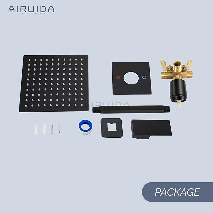 Airuida Shower Faucet Set and Handle Set Single Function Shower Trim Kit Ceiling Mount Rainfall Shower System with Male Threads and Rough-in Valve 10 Inch Square Shower Head Matte Black