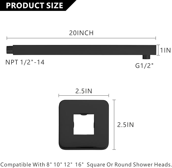 Voolan 20" Square Shower Arm with Flange and Teflon Tape, Extension Shower Head Arm for Bathroom Fixed Shower Head, Solid Stainless Steel, Wall Mounted (Matte Black)