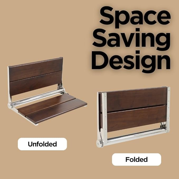 Folding Shower Seat Wall Mounted with Back | 500 lbs Maximum Load Capacity | ADA Compliant Safety Assist Teak Shower Seat for Seniors, Handicapped, and Children | 304 Stainless Steel Frame | 26” x 16”