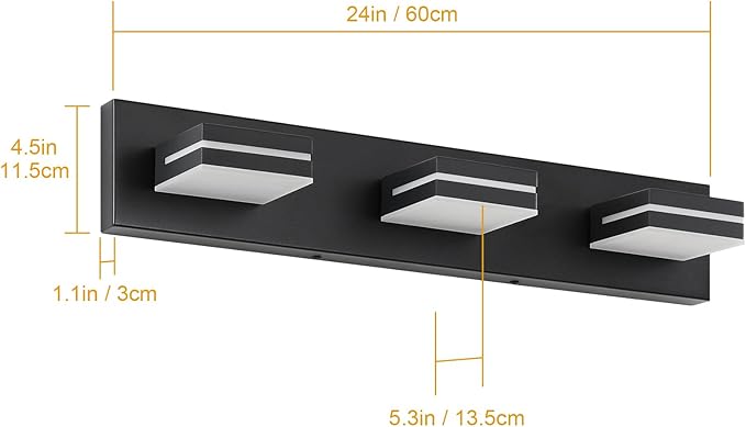 SineRise LED Modern Bathroom Vanity Light Fixtures, Modern Acrylic Bathroom Wall Lighting Fixtures Over Mirror (Cool White 6000K) (3-Light, 24-Inch), Matte Black- Non-dimmable
