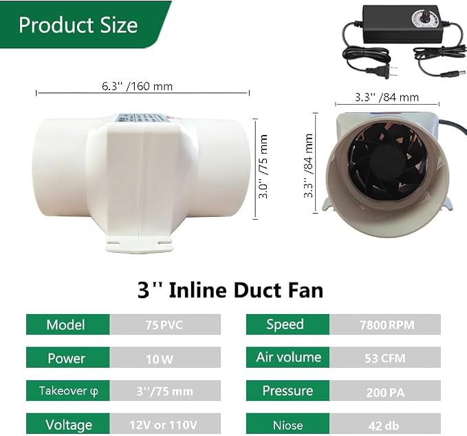 3 inch Inline Duct Fan with Adjustable Speed, 10 W 53 CFM Ventilation System - Image 2