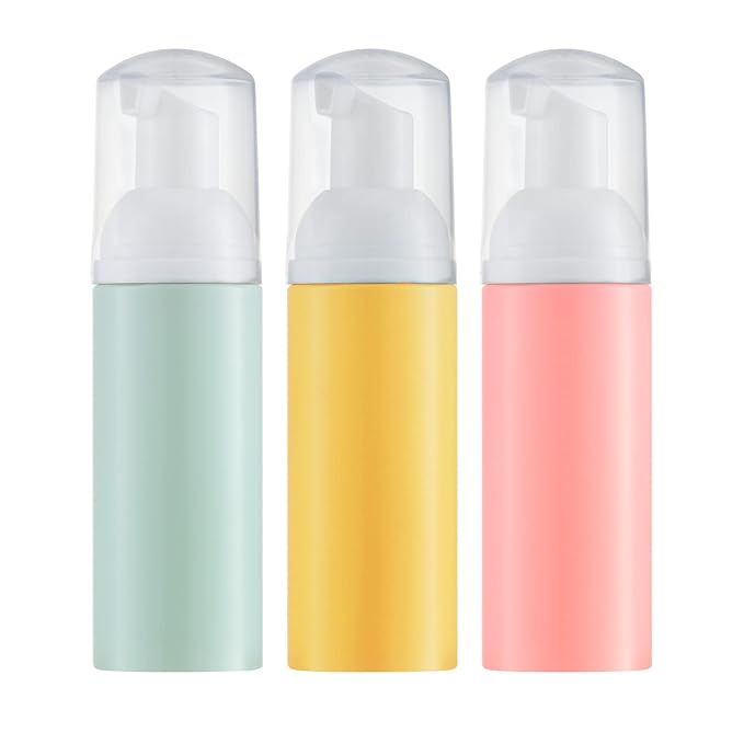 Tekson 3 PCS Soap Foam Bottle (2 oz), Empty Travel Foaming Lash Shampoo for Cleanser, Dispenser (Yellow&Green&Pink Pump)
