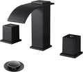 Luxury Brass 8 Inch Spread Modern Widespread Waterfall Bathroom Sink Faucets with Copper Valve for 3 Hole 2-Handle Deck Bathroom Vanity Faucet, &Stainless Steel Pop-up Drain Assembly, Matte Black