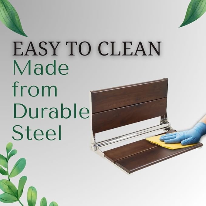 Folding Shower Seat Wall Mounted with Back | 500 lbs Maximum Load Capacity | ADA Compliant Safety Assist Teak Shower Seat for Seniors, Handicapped, and Children | 304 Stainless Steel Frame | 26” x 16”