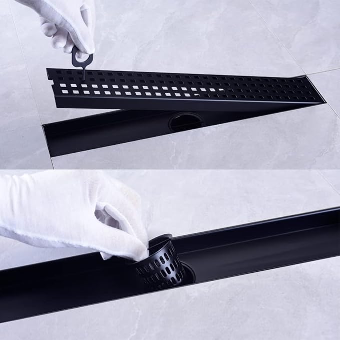 16 Inch Linear Bathroom Shower Rectangular Floor Drain,New Type with Removable Cover Grid Grate, Adjustable Leveling Feet Hair Strainer, SUS304 Stainless Steel,Black