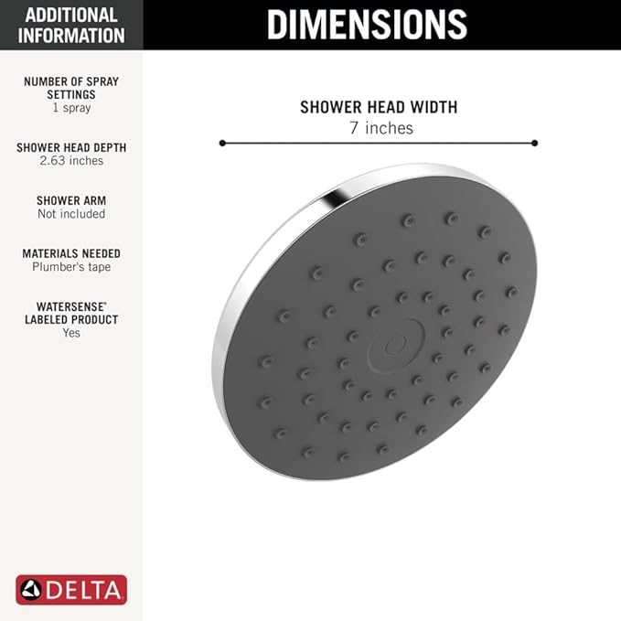 Delta PivotPro Chrome Rain Showerhead, Single Setting 7 Inch Round Shower Head, Showerheads, 1.75 GPM Flow Rate, Chrome 75103