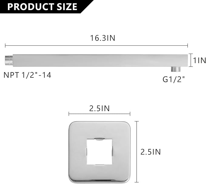 Voolan 16" Square Shower Arm with Flange and Teflon Tape, Extension Shower Head Arm for Bathroom Fixed Shower Head, Solid Stainless Steel, Wall Mounted (Chrome)