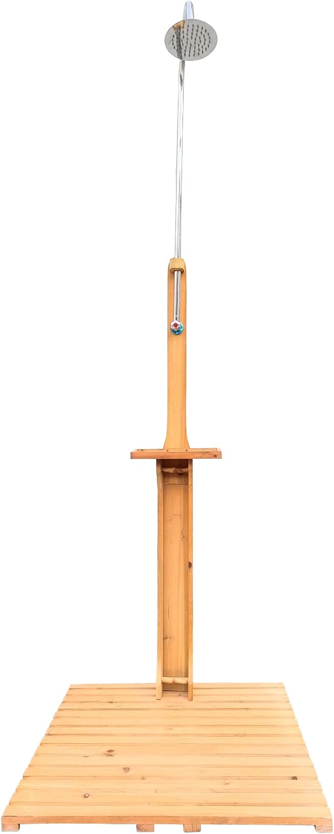 Outdoor Wooden Pool Shower with Base Platform, Solid Wood Garden Shower with Storage Shelf & Adjustable Water Control for Swimming Pool Patio Terrace Backyard, Teak