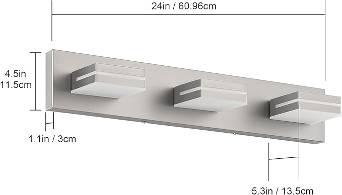 SineRise LED Modern Bathroom Vanity Light Fixtures (3-Light, 24-Inch, Dimmable), Brushed Nickel Modern Acrylic Bathroom Wall Lighting Fixtures Over Mirror (Cool White 6000K)