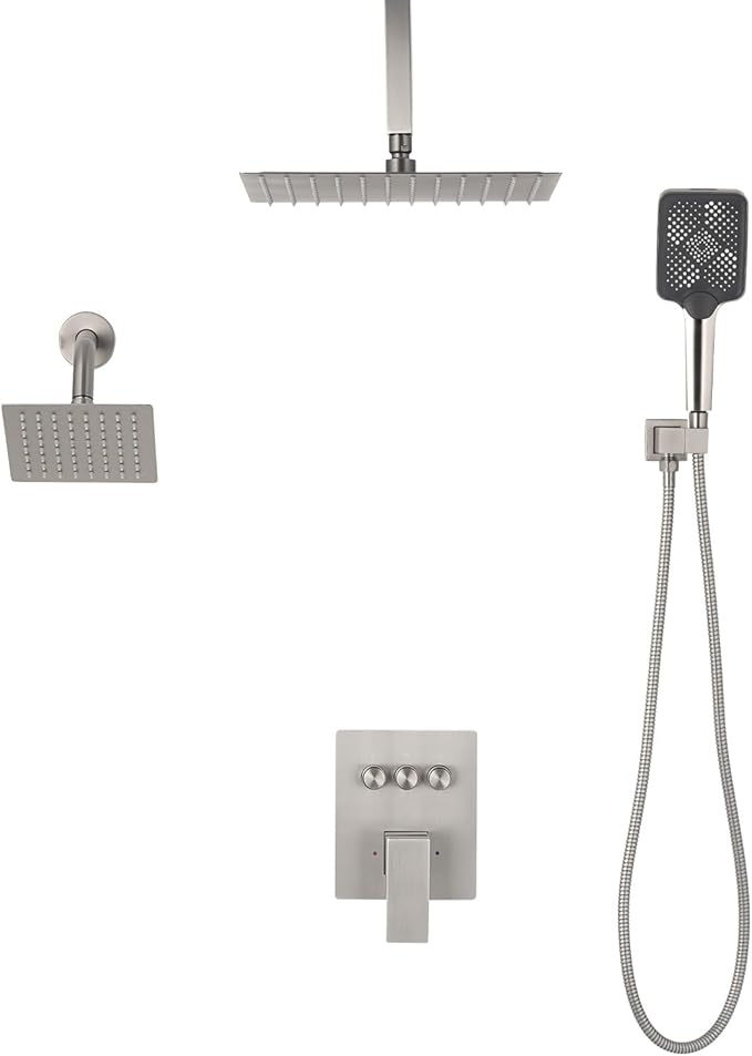 VEVOR Shower Faucet Set, 12 Inch Ceiling Mount Rainfall Shower System with 6 Inch Wall Mount Head and 4 in 1 Handheld Spray, Rotatable 3-Function Dual Rain Head Brass Valve & Trim Kit, Brushed Nickel