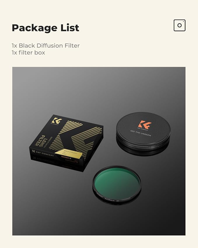 K&F CONCEPT 72mm Black Diffusion 1/4 Filter Mist Cinematic Effect Filter - Image 7