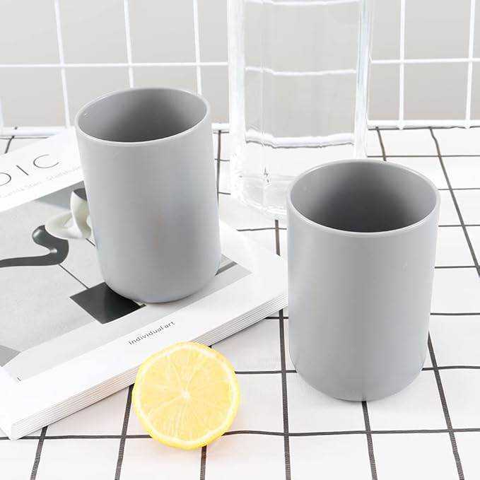 Bathroom Tumblers 2Pcs, Mouthwash Cup, Toothbrush Holders, Drink Mug, Pen Holder, Unbreakable Dishwasher Safe, 10fl.oz(300ml)/Pcs (Grey & Grey)