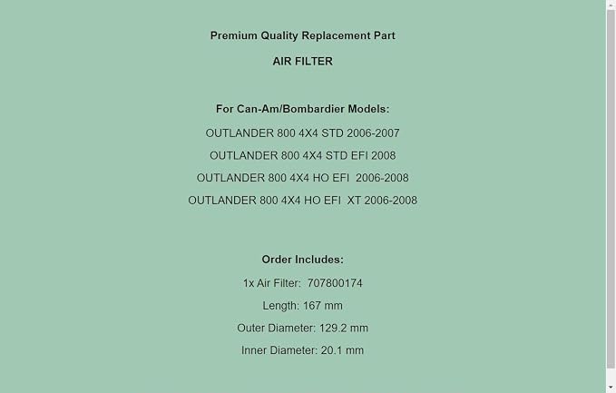 Replacement Air Filter For Can-Am Bombardier Outlander 800 4X4 Std Xt 2006-2008 - Image 7