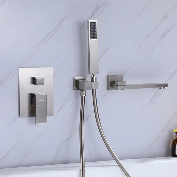 Wall Mounted Bathtub Faucet with Handheld Shower, Solid Brass 180° Swivel Bathroom Tub Filler Faucet with Hand Shower Modern Single Handle Tub Faucet Set, Brushed Nickel