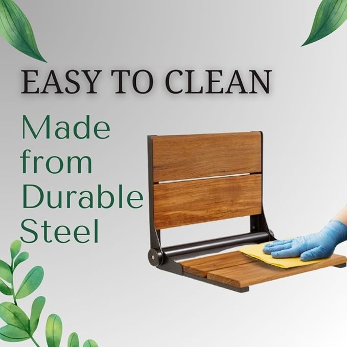 Folding Shower Seat Wall Mounted with Back | 500 lbs Maximum Load Capacity | ADA Compliant Safety Assist Teak Shower Seat for Seniors, Handicapped, and Children | 304 Stainless Steel Frame | 26” x 16”
