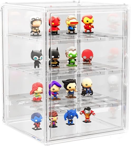 3X-Large 4 Tiers 17.7"X13"X13" Acrylic Display Case with 3 Division Boards, Clear Organizer Box Plastic Holder with Magnetic Door for Handbags, Purses, Boots, Figures, Book
