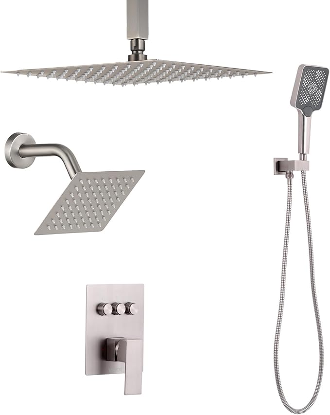 VEVOR Shower Faucet Set, 12 Inch Ceiling Mount Rainfall Shower System with 6 Inch Wall Mount Head and 4 in 1 Handheld Spray, Rotatable 3-Function Dual Rain Head Brass Valve & Trim Kit, Brushed Nickel