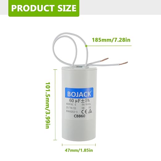 BOJACK Run Capacitor 60 uF 450V AC 60 MFD CBB60 2 Wire 50/60Hz Cylinder Motor - Image 2