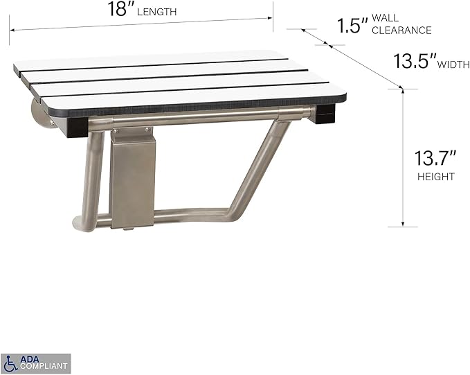 18" x 15" Phenolic White 3” Slats Folding Wall Mount Shower Seat Bench, ADA Compliant