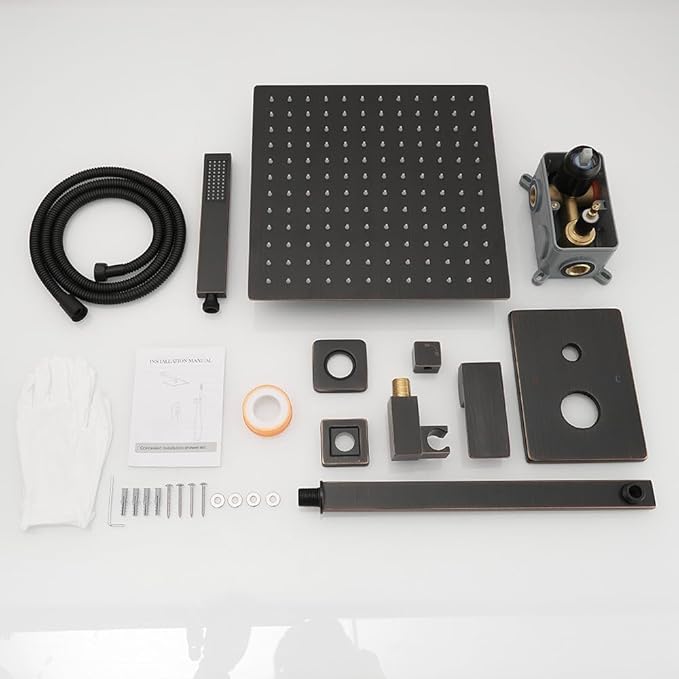 Oil Rubbed Bronze rain Shower Faucet Set Shower System 12 Inches Square Shower Head with Handheld, Waterfall Showerhead, All Metal Shower Faucet Trim Repair Kits (Contain Shower Valve)