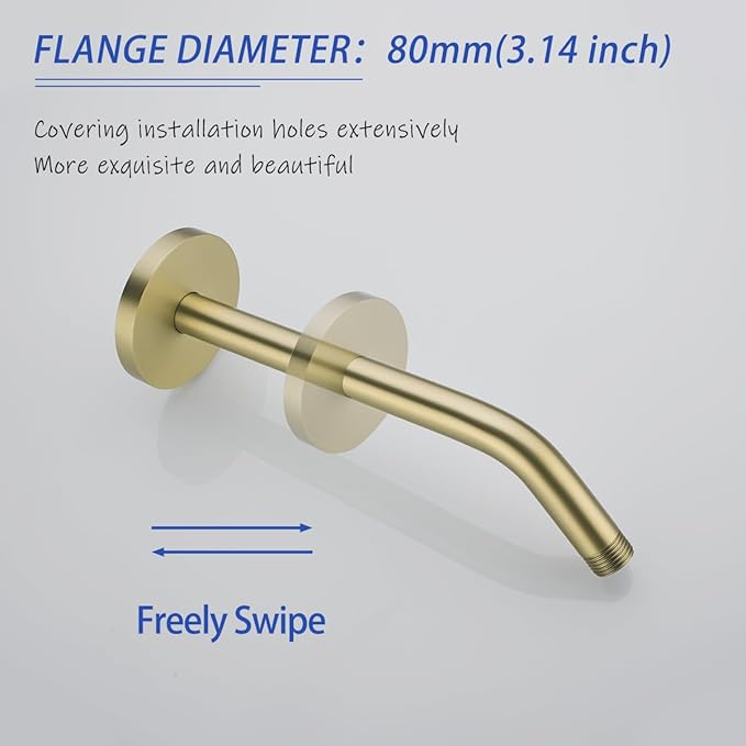10 in Brushed Gold Shower Arm with Flange,Wall Mount Replacement Angle Shower Head Arm Wall-Mounted For Fixed Shower Head & Handheld Showerhead,SW-RD91018-10BG.