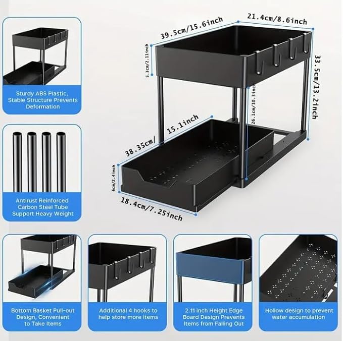 Over Sink Shelf Organizer 1pack, Black - Space Saving Sink Shelf Rack, No Drill Easy Installation, Heavy Duty Rustproof for Kitchen Bathroom Storage Accessories