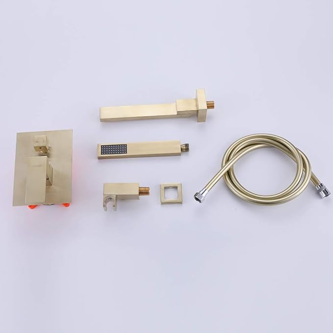 Wall Mounted Bathtub Faucet with Handheld Shower, Solid Brass 180° Swivel Bathroom Tub Filler Faucet with Hand Shower Modern Single Handle Tub Faucet Set, Brushed Gold
