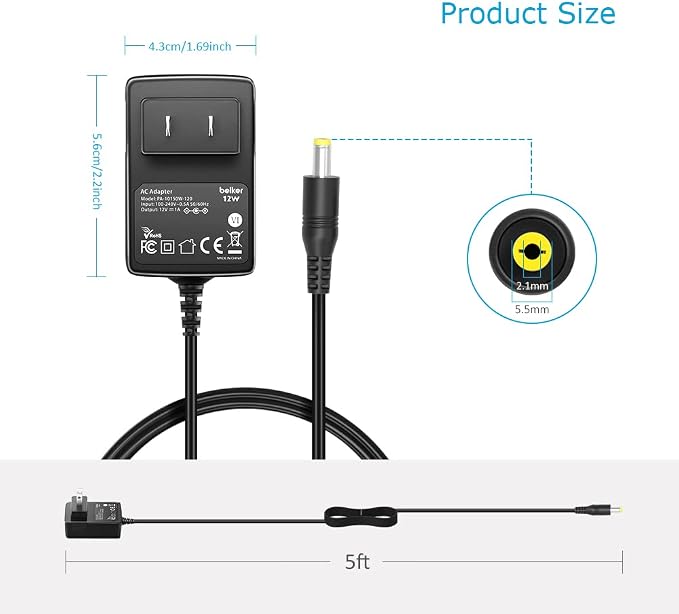 Belker 12W 12V 1A AC DC Adapter Wall Charger Power Adapter Supply 5.5 x 2.1mm - Image 5