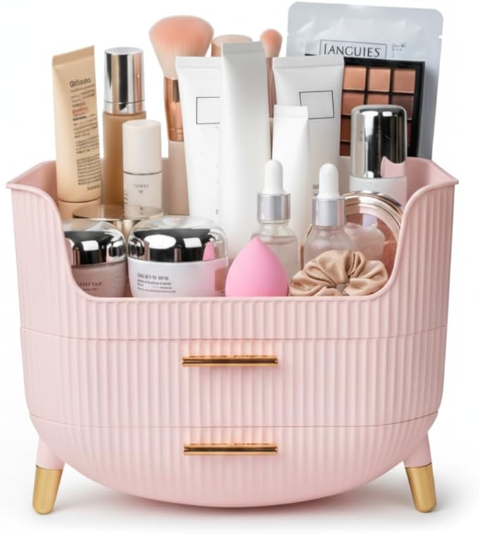 Makeup Organizer with Drawers, Skincare Storage Box for Vanity, Multiple Compartments, Portable Cosmetic Display Case with Handle, Large Make up Organizers for Dresser, Bathroom, Bedroom, Pink
