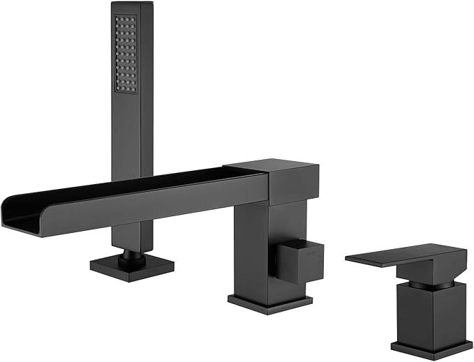 TapLong Waterfall Tub Filler Faucet with HandHeld Shower Widespread Roman Tub Faucet Set, Deck Mount 3-Holes Single-Handle Faucet in Matte Black, 03111B