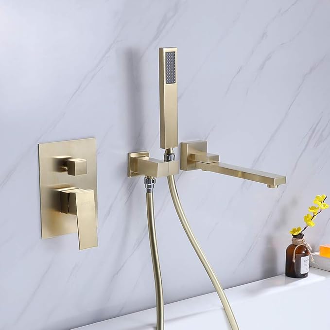 Wall Mounted Bathtub Faucet with Handheld Shower, Solid Brass 180° Swivel Bathroom Tub Filler Faucet with Hand Shower Modern Single Handle Tub Faucet Set, Brushed Gold