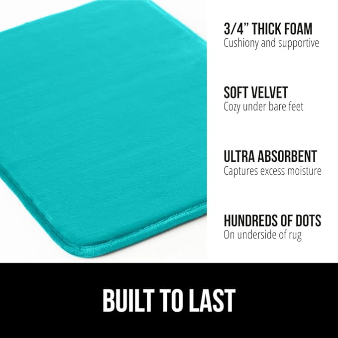 GORILLA GRIP Memory Foam Bath Rugs, Soft Absorbent Velvet Bathroom Mats, Durable Dots on Underside, Machine Washable Bathmat, Carpet Rug Room Decor for Shower Floor, 30x20 Mat, Turquoise