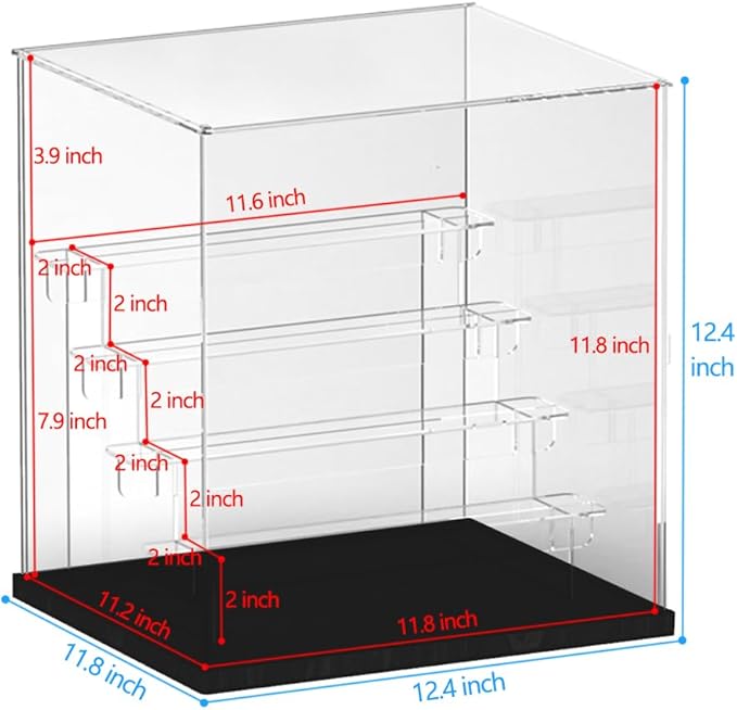 Choowin 5 Tier Clear Acrylic Display Case for Collectibles, Mini Figures, Pop Mart, Labubu, Sonny Angel, Smiski - Assemble Dustproof Acrylic Display Box with Door, Stand (Black Base, Clear Step)