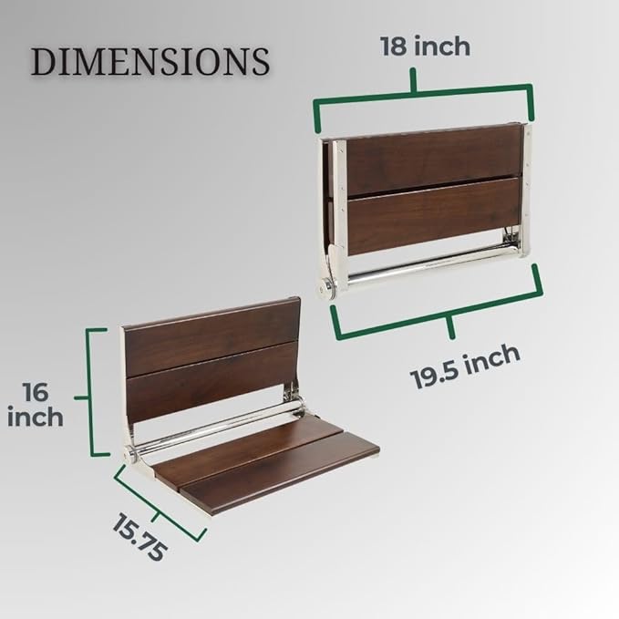 Folding Shower Seat Wall Mounted with Back | 500 lbs Maximum Load Capacity | ADA Compliant Safety Assist Teak Shower Seat for Seniors, Handicapped, and Children | 304 Stainless Steel Frame | 18” x 16”
