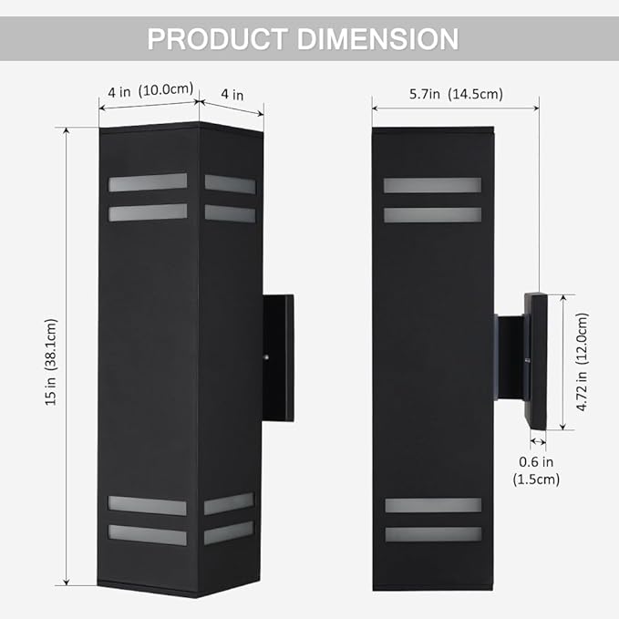 Cerdeco Aluminum Modern Outdoor Wall Light,15" Exterior Up Down Wall Sconce Light Fixture Sand Textured Black with 3-Sided Frosted Glasses [UL Listed]