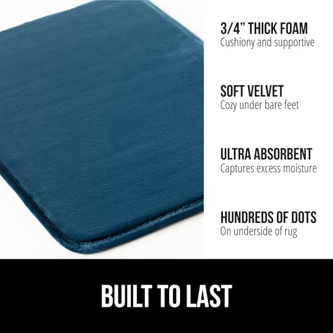 GORILLA GRIP Memory Foam Bath Mat, Soft Absorbent Velvet Bathroom Mats, Durable Dots on Underside, Machine Washable Bathmat, Carpet Rug Room Decor for Shower Tub Floor RV, 30x20 Rugs, Blue