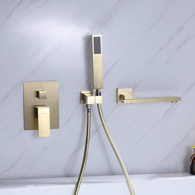 Wall Mounted Bathtub Faucet with Handheld Shower, Solid Brass 180° Swivel Bathroom Tub Filler Faucet with Hand Shower Modern Single Handle Tub Faucet Set, Brushed Gold